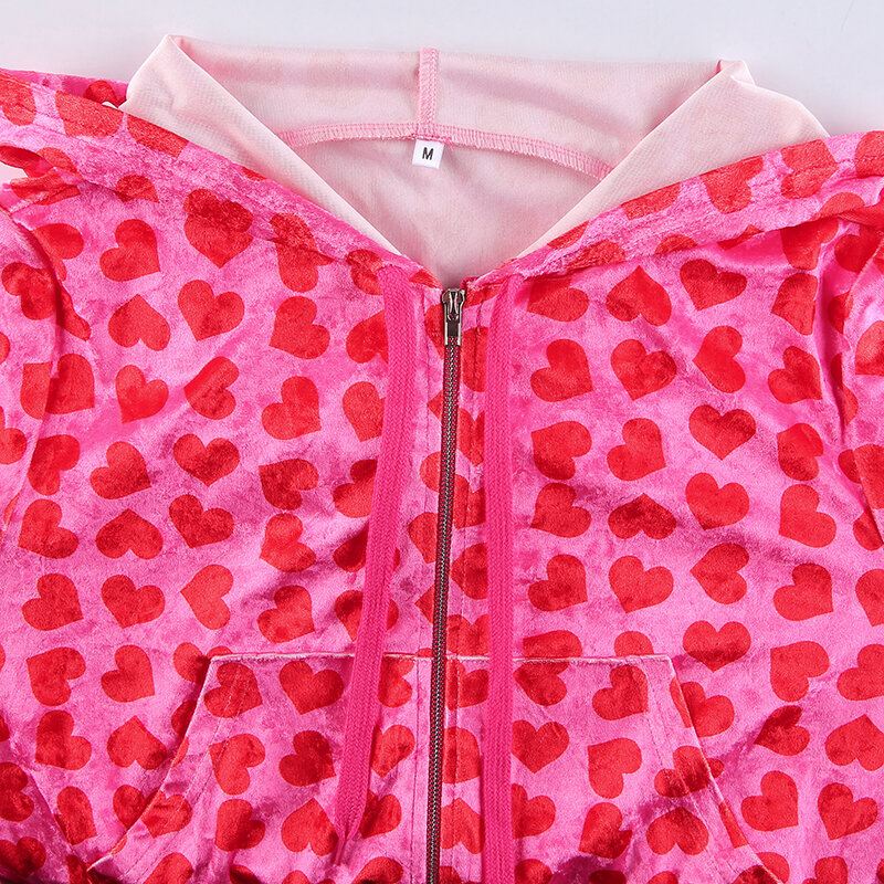 Brandy sweat-shirt rose y2k en velours pour femme, veste à capuche, mignon, Kawaii, cœur, court, automne, vêtements d'extérieur, fermeture éclair, Streetwear, Harajuku ensemble velour y2k