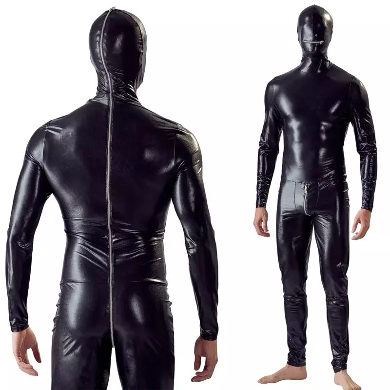 Black Leather Jumpsuits Full Body Leather Rubber Suit with Mask Zentai Suits for Men Tight Jumpsuit Catsuits Fetish