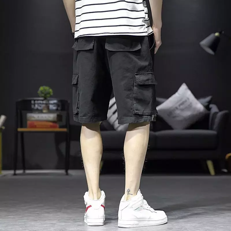 Shorts masculinos soltos com corda de desenho, calças curtas largas masculinas, roupas largas pretas de verão, moda vintage Harajuku Y2K, homem, 2024