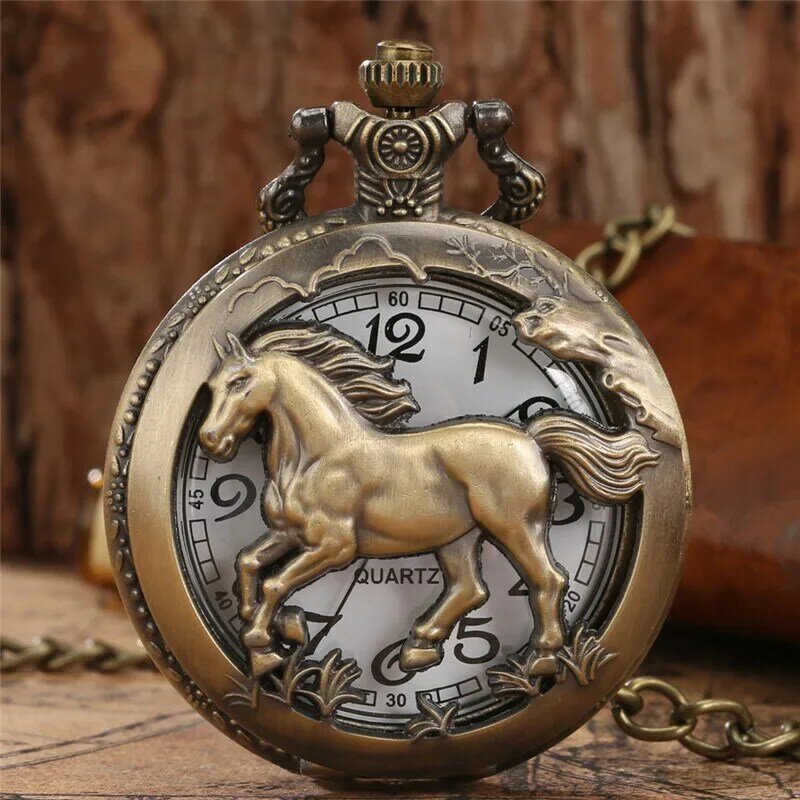 Jam tangan saku kuarsa hewan desain zodiak Tiongkok berongga perunggu untuk pria wanita dengan hadiah rantai kalung reloj