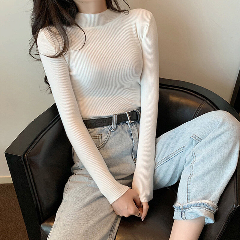 Women's Clothing 2023 new Autumn Winter Pullovers Half High Long Sleeve Mid Neck Inner Fit Korean Underlay Knit Sweaters Jumpers
