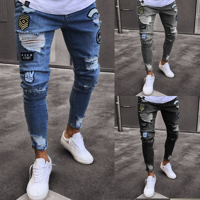 Europese En Amerikaanse Heren Gescheurde Jeans Y 2K Persoonlijkheid Trend Slanke Knie Gescheurde Pinda 'S Rits Badge Patchwork Denim Broek