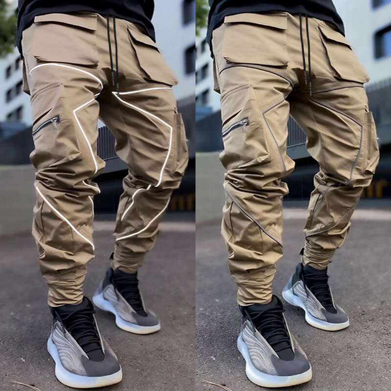 Y2K Mens Casual Black Cargo Pants Gym Loose Plus Size Striped Multi Pocket Sports Fitness Hip Hop Jogger Trousers Techwear Men