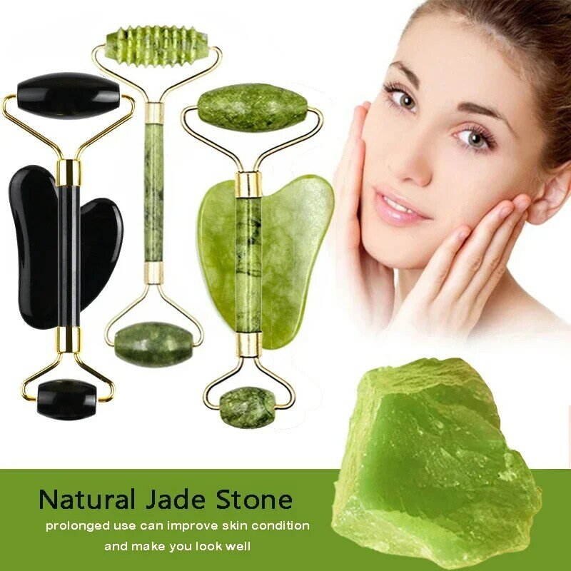 Natural Stone Guasha Massage Tool Set, rolo de jade, rosto, SPA, corpo, rosto visível e visível