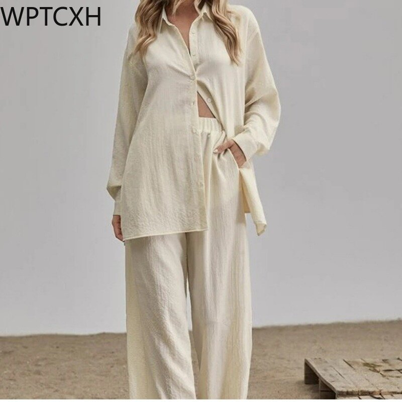 WPTCXH piyama lengan panjang wanita, baju tidur bergaris Linen warna Solid, kemeja panjang kaki lebar, Set pakaian tidur 2024