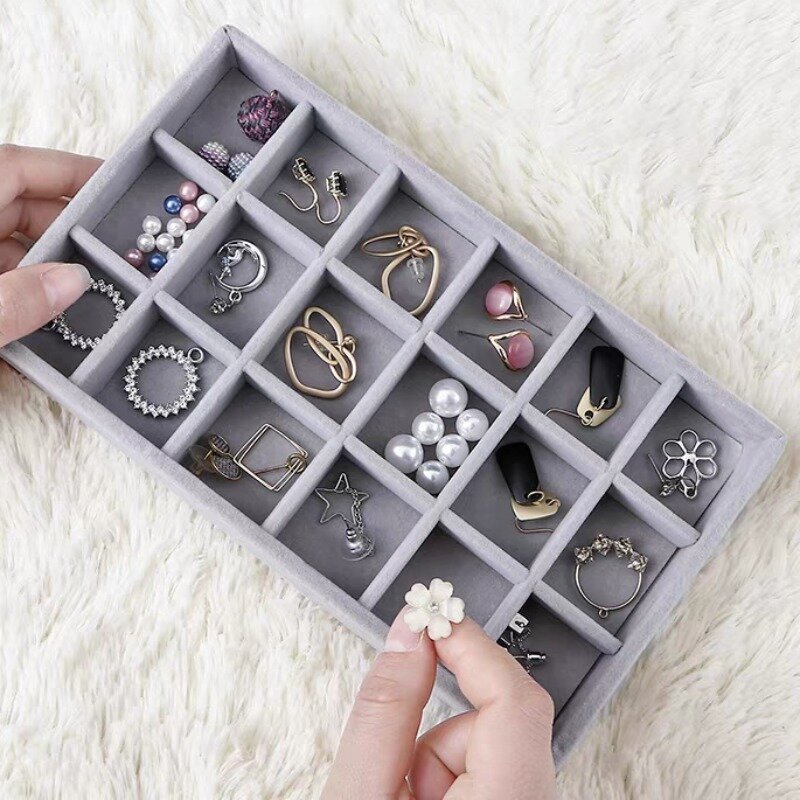 Jewelry Display Tray Gray Velvet Ornaments Storage Box Avoid Scratching Rings Earrings Necklaces Organizer Case Accessories Gift
