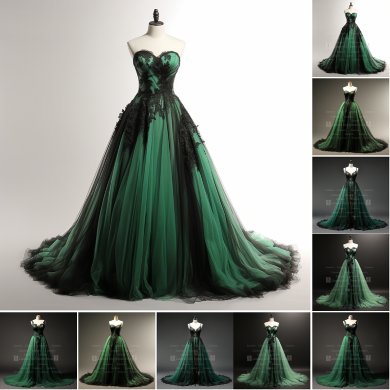 Green Tulle and Black Lace Edge Applique Full Length Lace Up Back Evening Dress Brithday Formal Occasion Elagant Clohing  W1-8