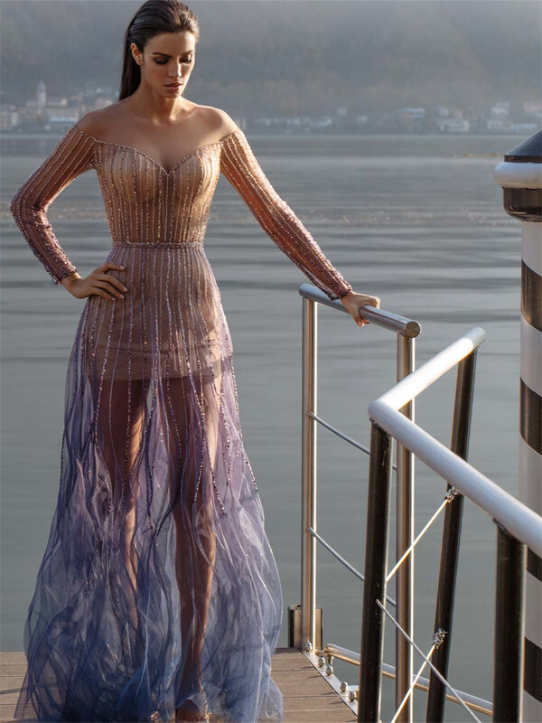 Elegant Long Sleeved Prom Dress 2024 Sparkling Sequined Evening Dresses Charming Strapless Floor Length Gowns Vestidos De Novia