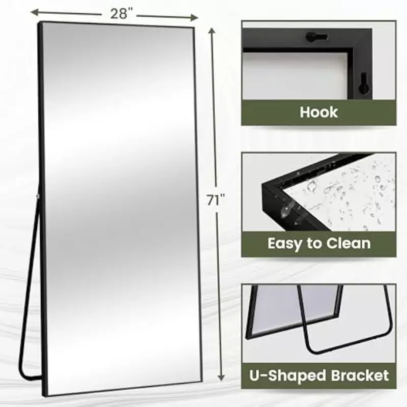 Espejo de longitud completa para uso en el hogar, espejos largos de 71 "x 28", color negro, sin carga, con luz Led, para el suelo y el gimnasio