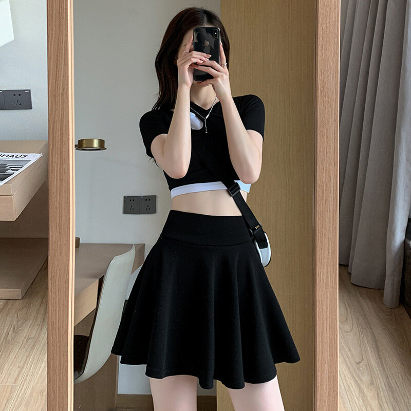 Mini-saia plissada elástica feminina, cintura alta, uniforme de tênis, coreano, preto, menina da escola, sol, moda verão, sexy