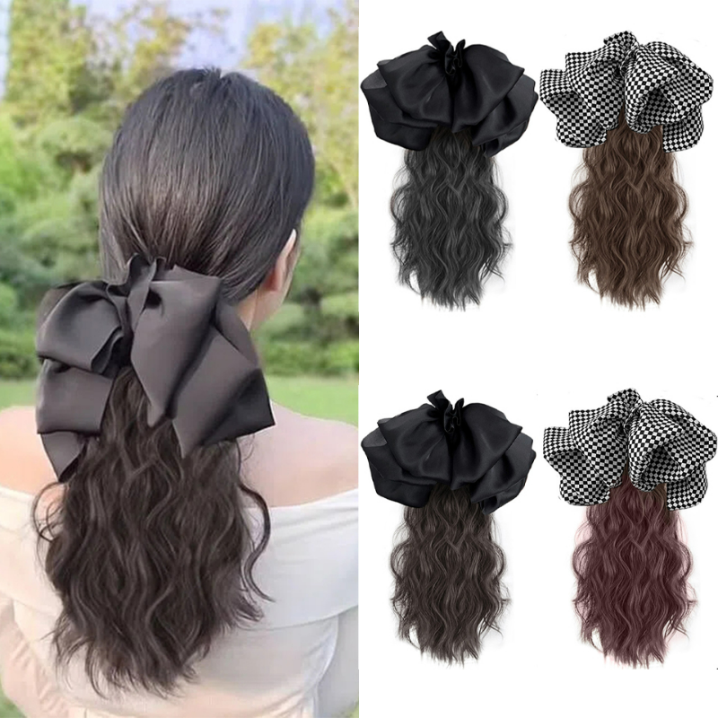Long Wavy Claw Clip On Black and white check bow Ponytail Hair Extension Synthetic Ponytail For Women Pony Tail Hair Hairpiec