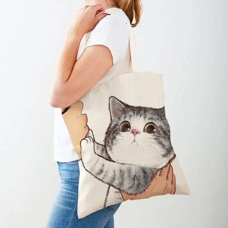 BBA171 양면 쇼핑백, 재미있는 만화 고양이 캐주얼 여성 쇼핑백, 재사용 가능한 귀여운 애완 동물 동물 캔버스 레이디