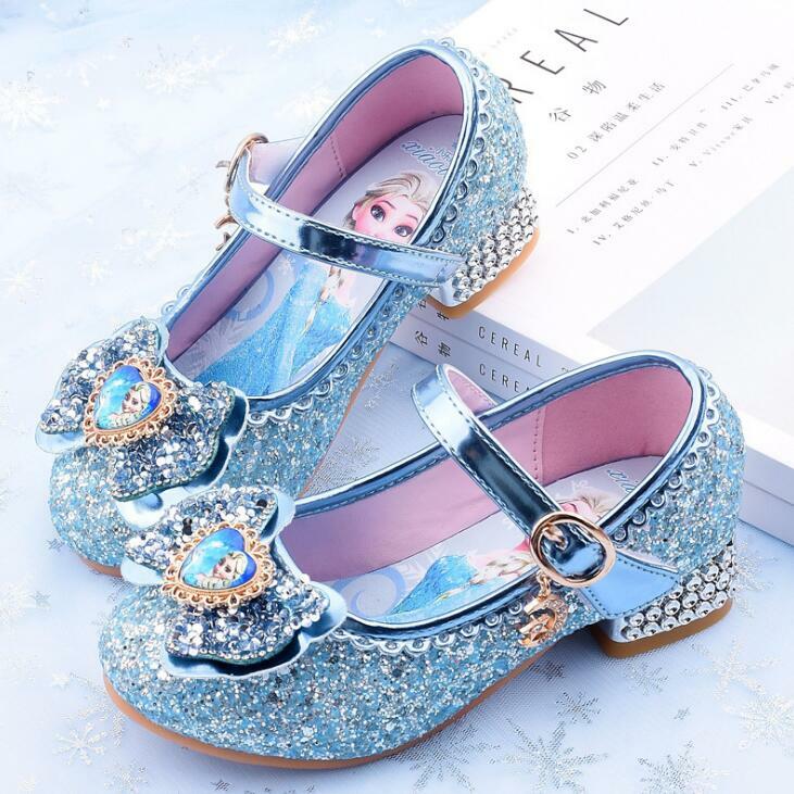 MINISO-Chaussures en cuir à talons hauts pour filles, princesse Elsa congelée, nœud papillon, dessin animé, décontracté, nouveau