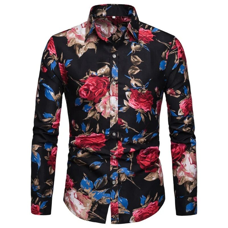 Wiosenno-jesienna, drukowana koszula męska z długim rękawem kwiat róży koszule kołnierzykowe hawajska wakacyjna koszulka koszulka koszulka M-3XL