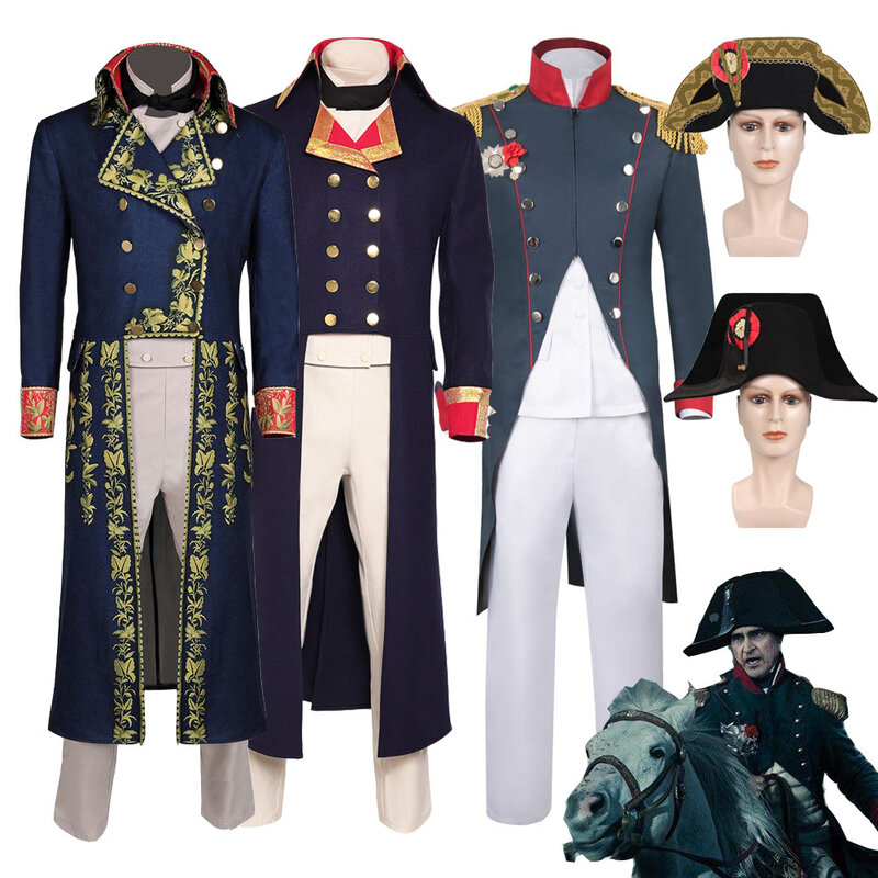 Fantasy Napoleon Cosplay kurtka spodnie kapelusze kostium męski mundur wojskowy stroje dla dorosłych mężczyzn Fantasia Halloween karnawał garnitur