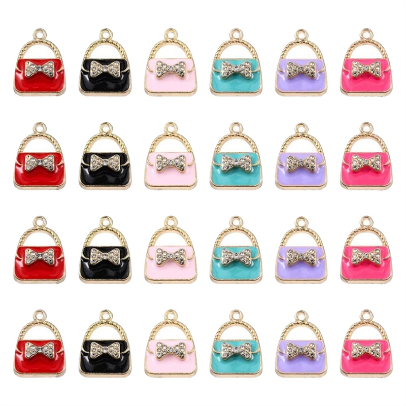 60 Pieces 6 Colors Enamel Bow Tote Charm Crystal Rhinestone LightGold Small Tote Charm for Jewelry