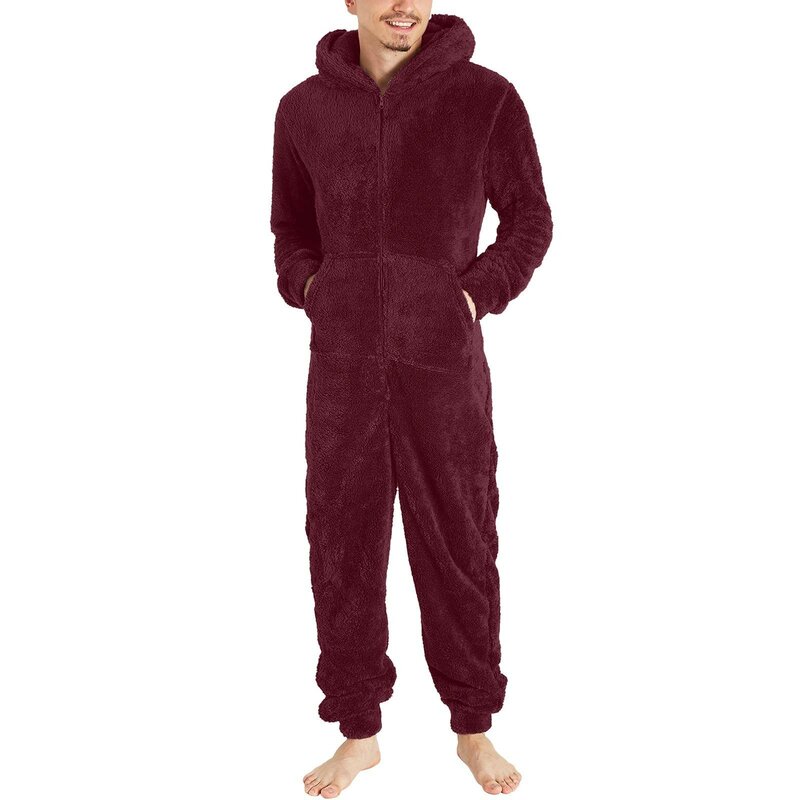 Mono estampado de manga larga para hombre, pijama de forro polar con capucha y cremallera, ropa de dormir con bolsillos, Invierno