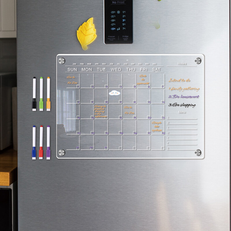 Kalender magnetik akrilik Magnet kulkas kalender mingguan bulanan papan tulis dengan 6 pena A4 A3 untuk aksesori dekorasi rumah