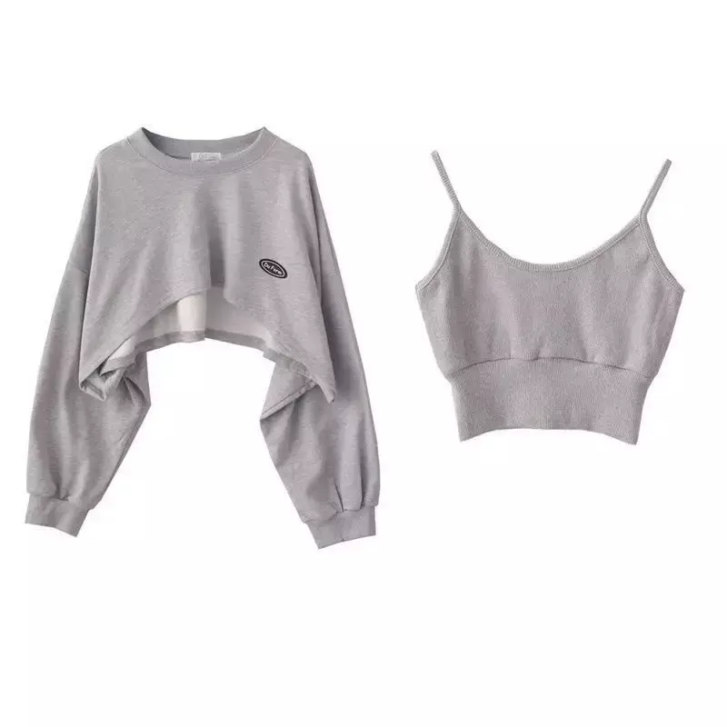 Damesmode Asymmetrische Cropped Camis Sweatshirt 2-delige Casual Dames Pullovers Met Lange Mouwen Chique Tops