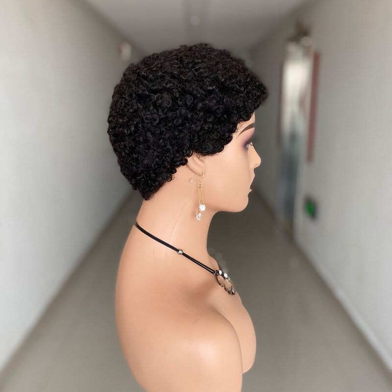 Perruque Brésilienne Naturelle Remy, Cheveux Crépus Bouclés, Coupe Pixie, Faite à la Machine, pour Femme Africaine