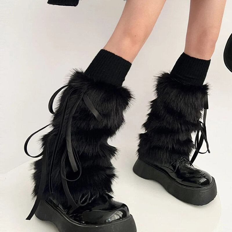 Punk Thickened Fluffy Bow Knot Legger Warmer Gothic Black Fur Boots Medium Tube Y2k Warmer Foot Cover Harajuku Party Accessories