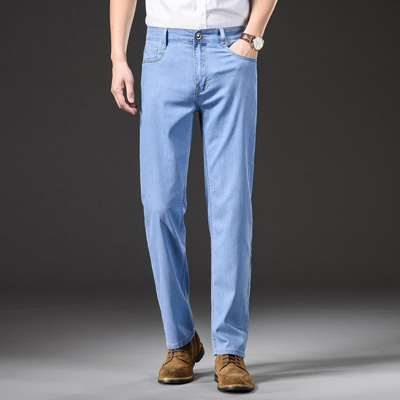 Jeans leggeri allentati dritti da uomo estivi SHAN BAO Jeans sottili a vita alta Casual elasticizzati Lyocell di alta qualità