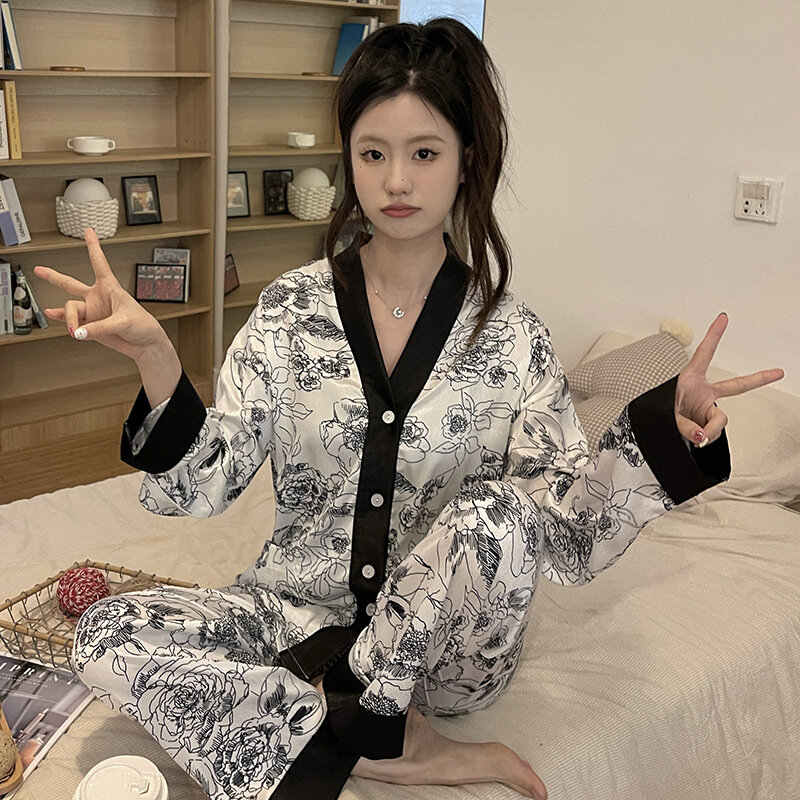 Women's 2 Piece Pajamas Sets Floral Print Pijama Faux Silk Satin Pyjama Female Sleepwear Long Sleeve V-neck Shirt Pants Homewear