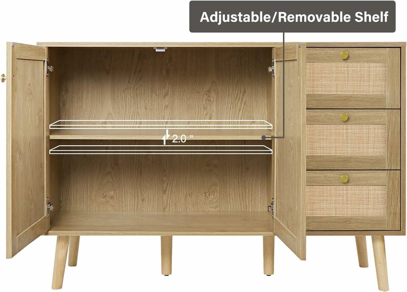 Rattan Sideboard Buffet Cabinet with 2 Doors and 3 Drawers, Buffet Cabinet with Storage Wood Credenza Storage Cabinet