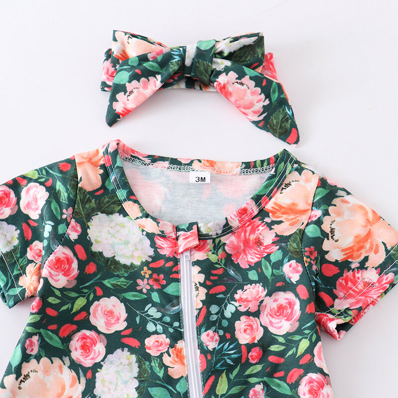 Pakaian bayi perempuan, Jumpsuit ritsleting 2 buah lengan pendek motif bunga untuk pesta musim panas