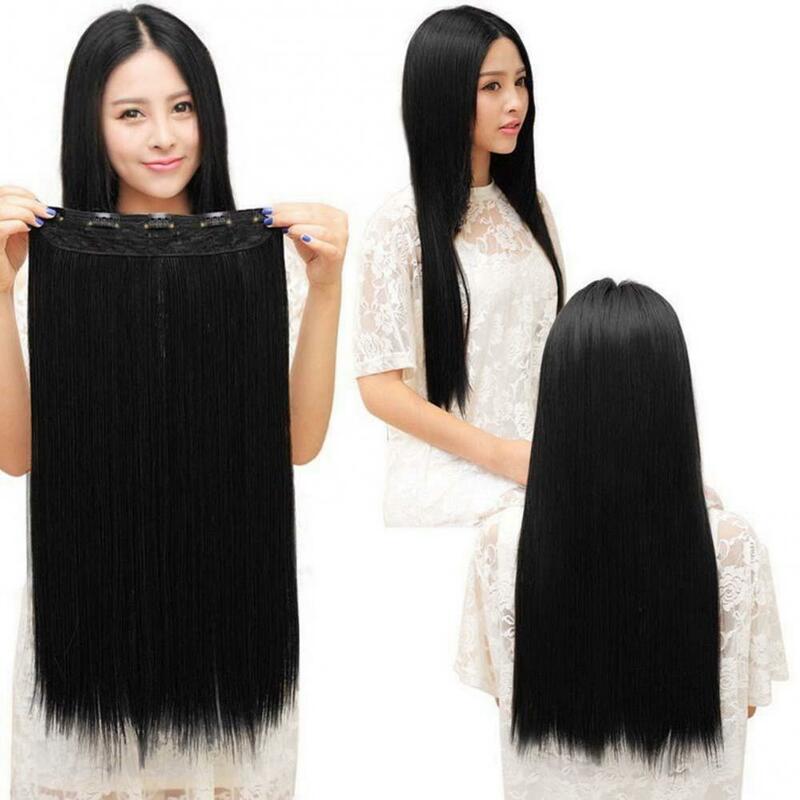 Ekstensi rambut hitam wanita, 5 klip ekstensi rambut lurus panjang sintetis klip penuh serat tahan panas Ombre satu buah rambut palsu