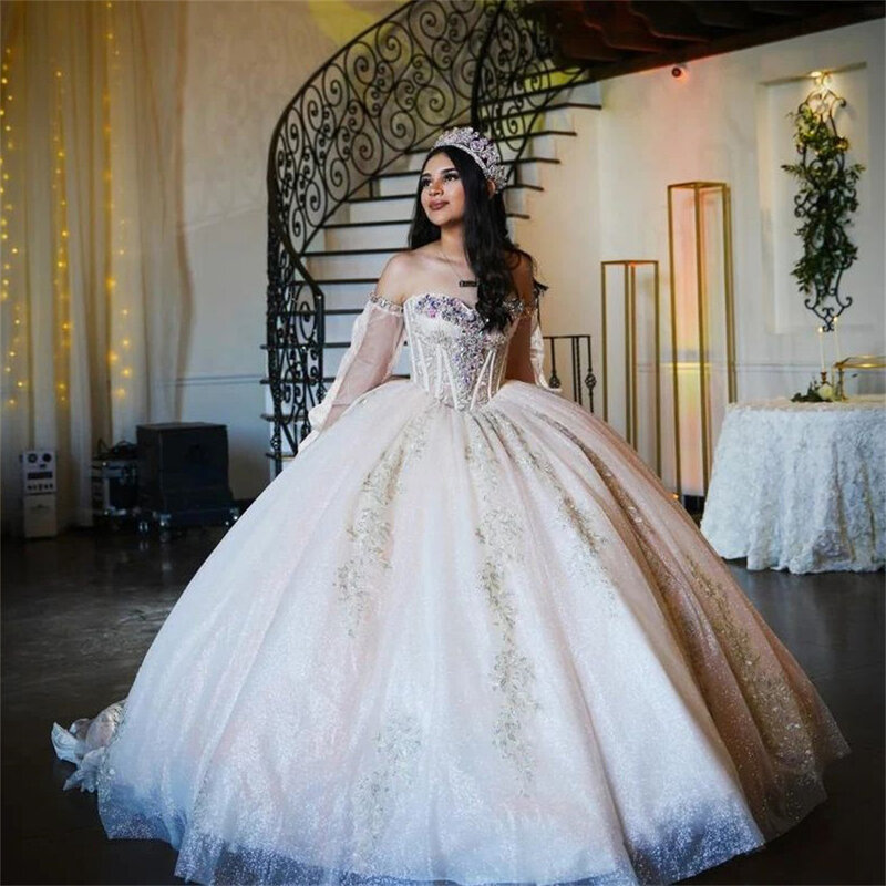 Elegant  Bling Sweetheart Long Sleeve Lace 2024  Sequined Flowers Sweet Quinceanera Dresses  15 Ball Gown Party Princess