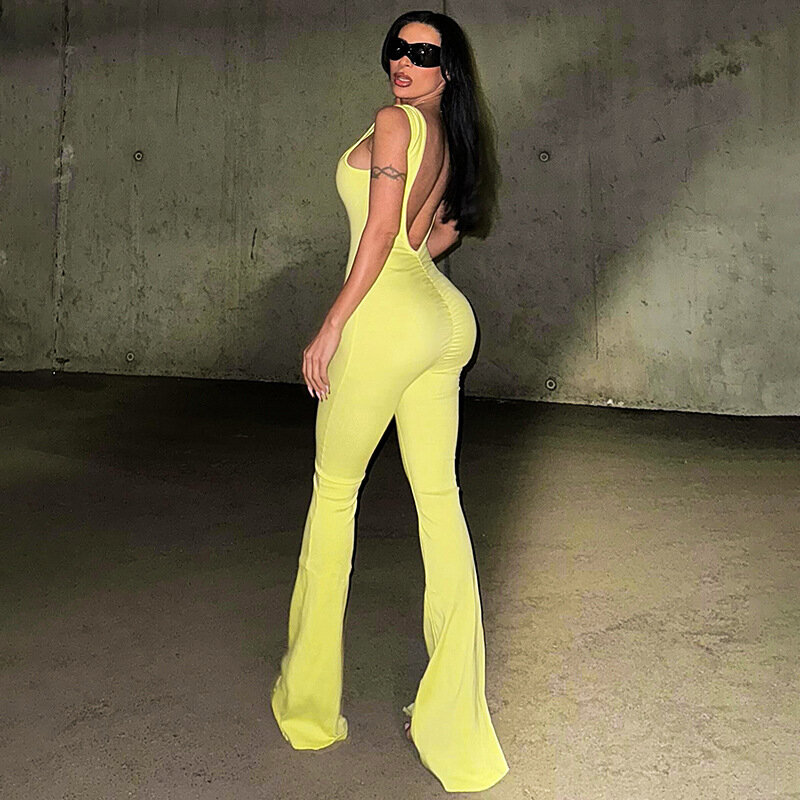 Women Solid Ribbed Tank Flare Jumpsuits Sexy Square Neck Sleeveless Backless Ruched Slim Boot Cut Pants Stretch Overalls Romper