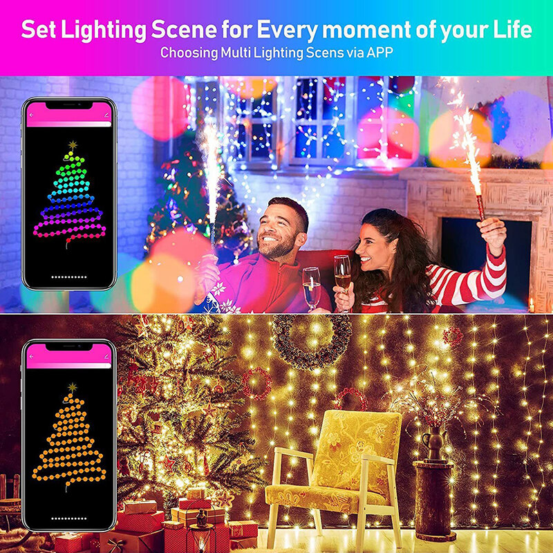 Alexa-guirnalda de luces navideñas para exteriores, luces de hadas impermeables IP65, con WiFi, sincronización de música RGB, TuYa