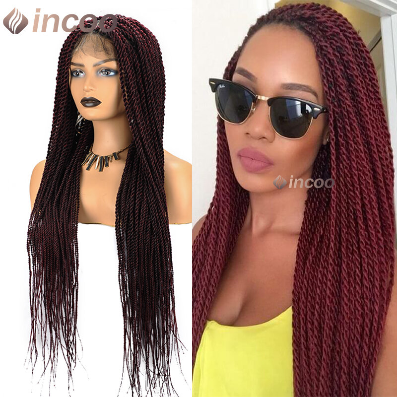 36Inch Twist Braided Full Lace Frontal Wigs For Black Women Baby Hair Box Faux Locs Knotless Braided Synthetic Lace Front Wig