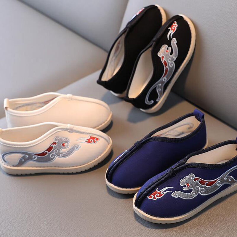 Лоферы Тканевые для мальчиков, повседневная обувь на плоской подошве, с вышивкой, в китайском стиле, для выступлений, CSH1438