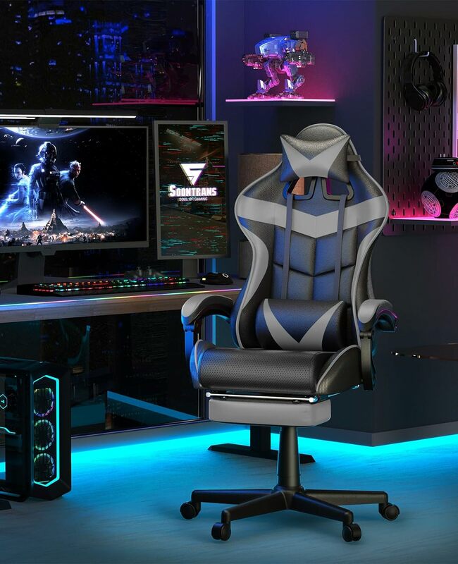 Graue Gaming-Stühle mit Fuß stütze, ergonomischer Computers piel stuhl, Gamer-Stuhl mit Lenden kissen und verstellbarer Kopfstütze