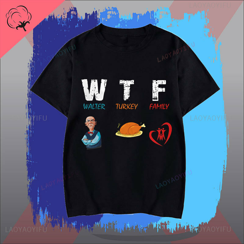 WTF Wine Turkey Family Fun Thanksgiving Print T-shirt Stylish and comfortable short sleeve men's and women's crew neck tops