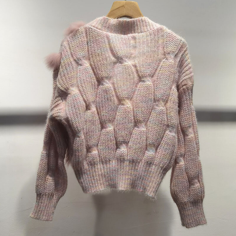 Sweter rajut wanita, kardigan pendek rajut wanita dengan bulu rubah asli lengan panjang hangat musim gugur kasual mantel bulu asli Sweater jaket wanita