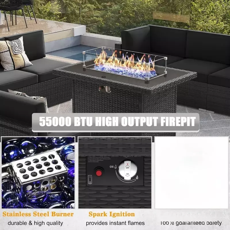 Furniture Set with 44" Propane Gas Fire Pit Table, Outdoor Sectional Conversation Set Wicker Rattan Sofa Set with Coffee Table