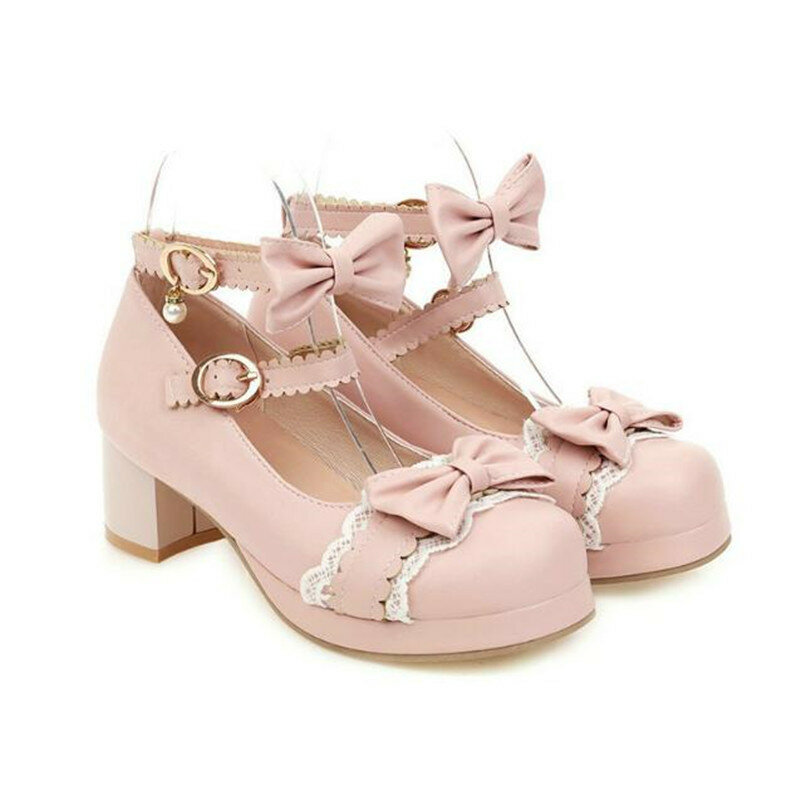 Size30-43Girls Leather Shoes Mary Janes Shoe Bowknot Princess Ruffles Sweet Lolita Wedding Party Dress Cosplay Women High Heels
