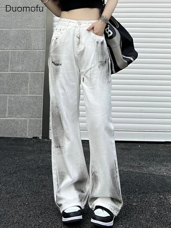Duomofu koreanischen Stil Grunge Tie Dye weiße Jeans Frauen Hippie übergroße Baggy Denim Hosen Harajuku Kpop Streetwear breite Hosen