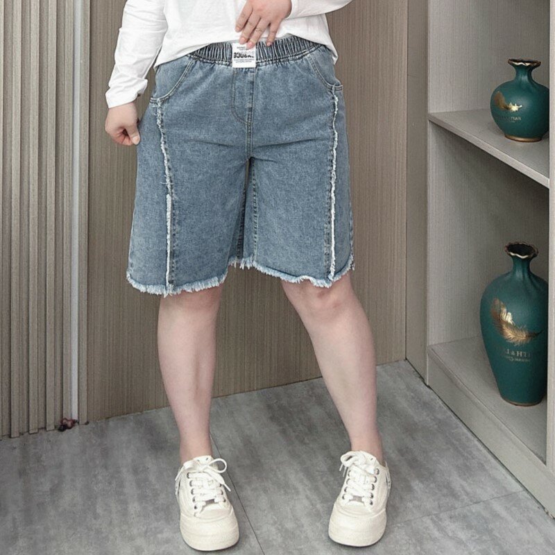 Летние женские джинсы длиной до колен, новинка 2024, свободные тонкие эластичные шорты с высокой талией и широкими штанинами и кисточками