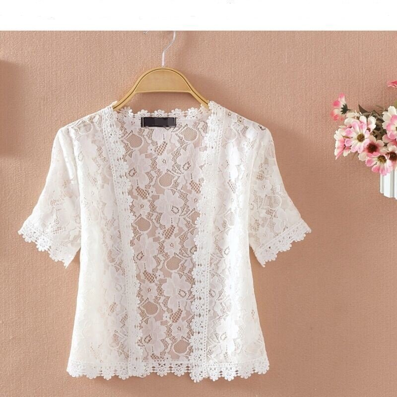 Real Shoot Summer New Be all-Match Stitching Short-Sleeved Openwork Shirt Matching The Sling Dress Small Shawl Lace Coat