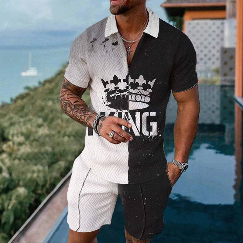 Conjunto de dos piezas con estampado 3D para hombre, camiseta Polo con cremallera y pantalones cortos, chándal informal de moda suave, novedad de verano