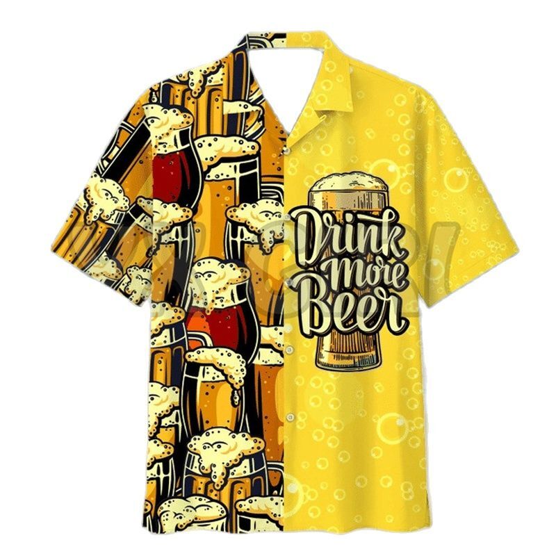 남성용 맥주 3D 프린트 셔츠, 싱글 브레스트 반팔, 하와이 셔츠, 비치 캐주얼 블라우스, 십대 의류, 패션 셔츠
