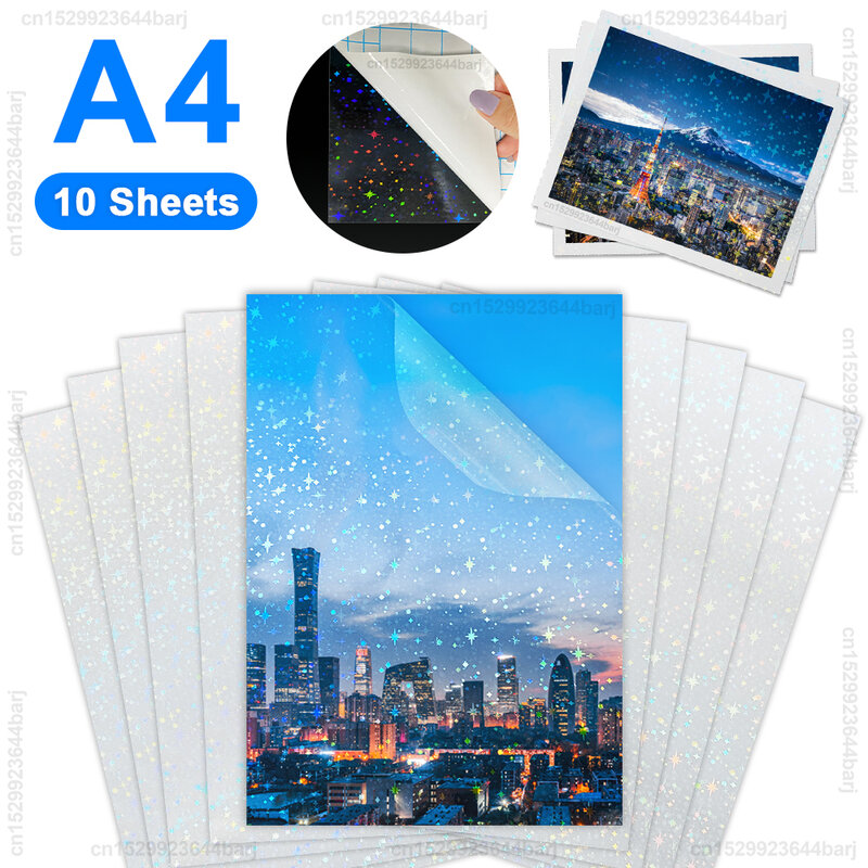10 hojas A4 autoadhesivas película de laminación en frío impermeable transparente brillante estrellas puntos DIY paquete tarjeta foto película holográfica