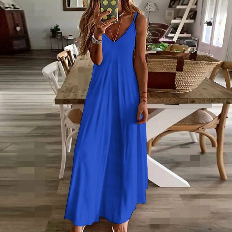 Vestido de noite feminino sem mangas, elegante e bonito, azul persa, vestido feminino, 2024