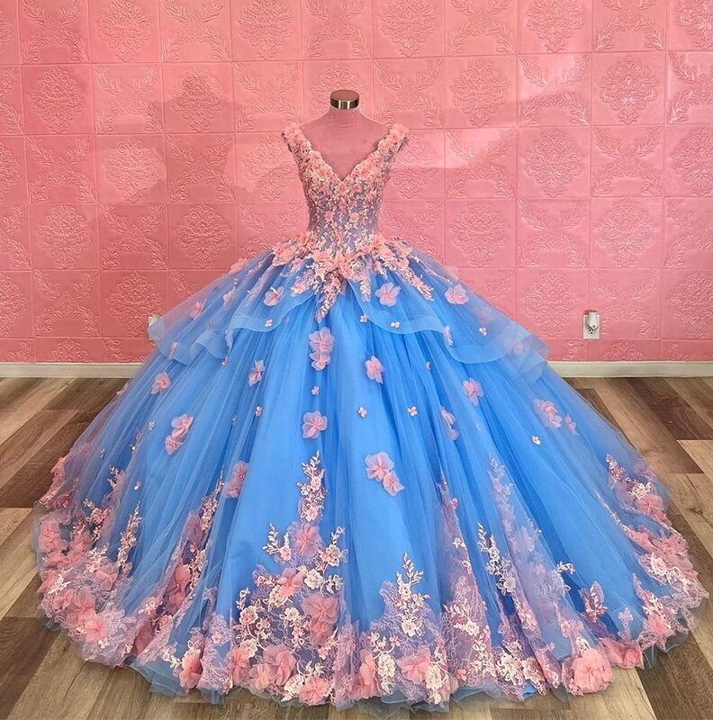 Blue Princess Quinceanera Dresses Ball Gown V-neck Tulle Appliques Floral Sweet 16 Dresses 15 Años Mexican