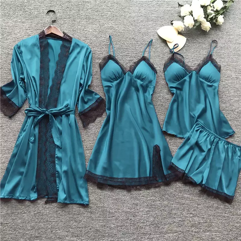 Conjunto de pijama cetim de seda feminino, camisola, vestido de renda, robe, roupa íntima, cobertura completa, lingerie negligee, sexy, novo