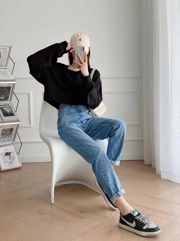 Women New Fashion Loose and comfortable fit Casual Jeans Vintage High Waist Side Pockets Zipper Female Ankle Denim Pants Mujer